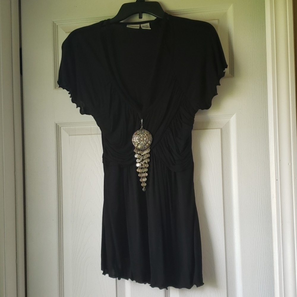 Newport News Black Flowy Necklace Top Tunic